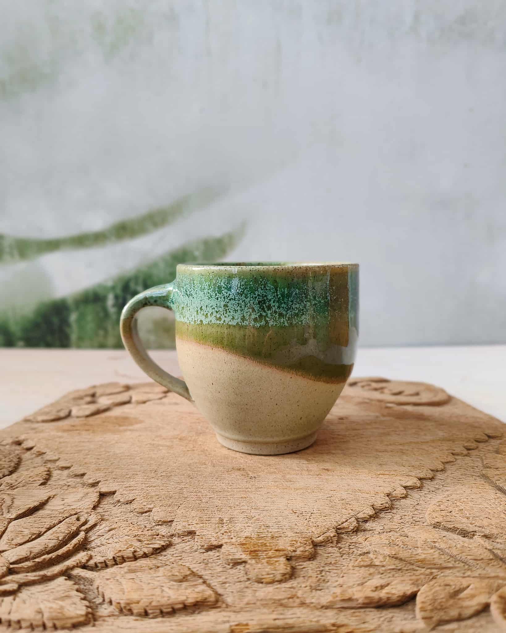 Cabin in the Woods Mug., Rustic ceramic tea cup with layered matte oat and green glaze