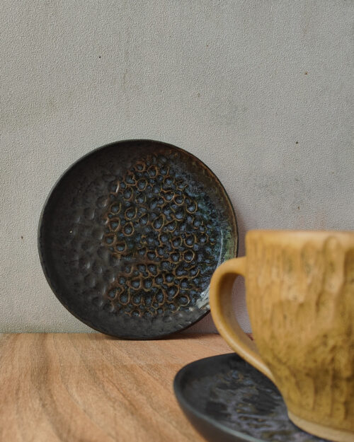 Neo Textured Plate - Charcoal + overlay of gloss blue.  Made from a sandy speckled clay for earthiness and rustic feel.  