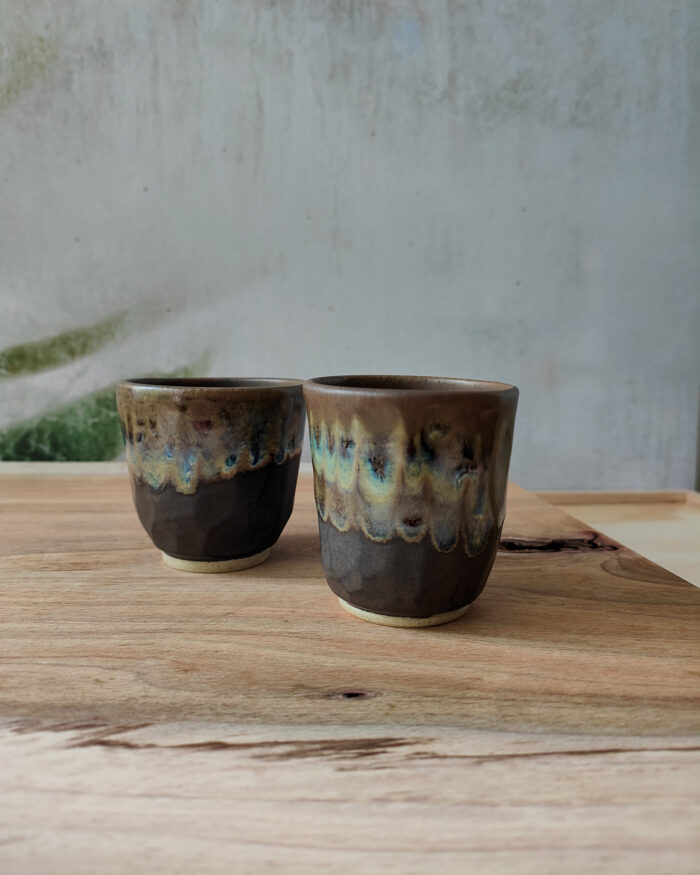 Neo Faceted Cup. Charcoal Ocean glaze on a small herbal tea cup